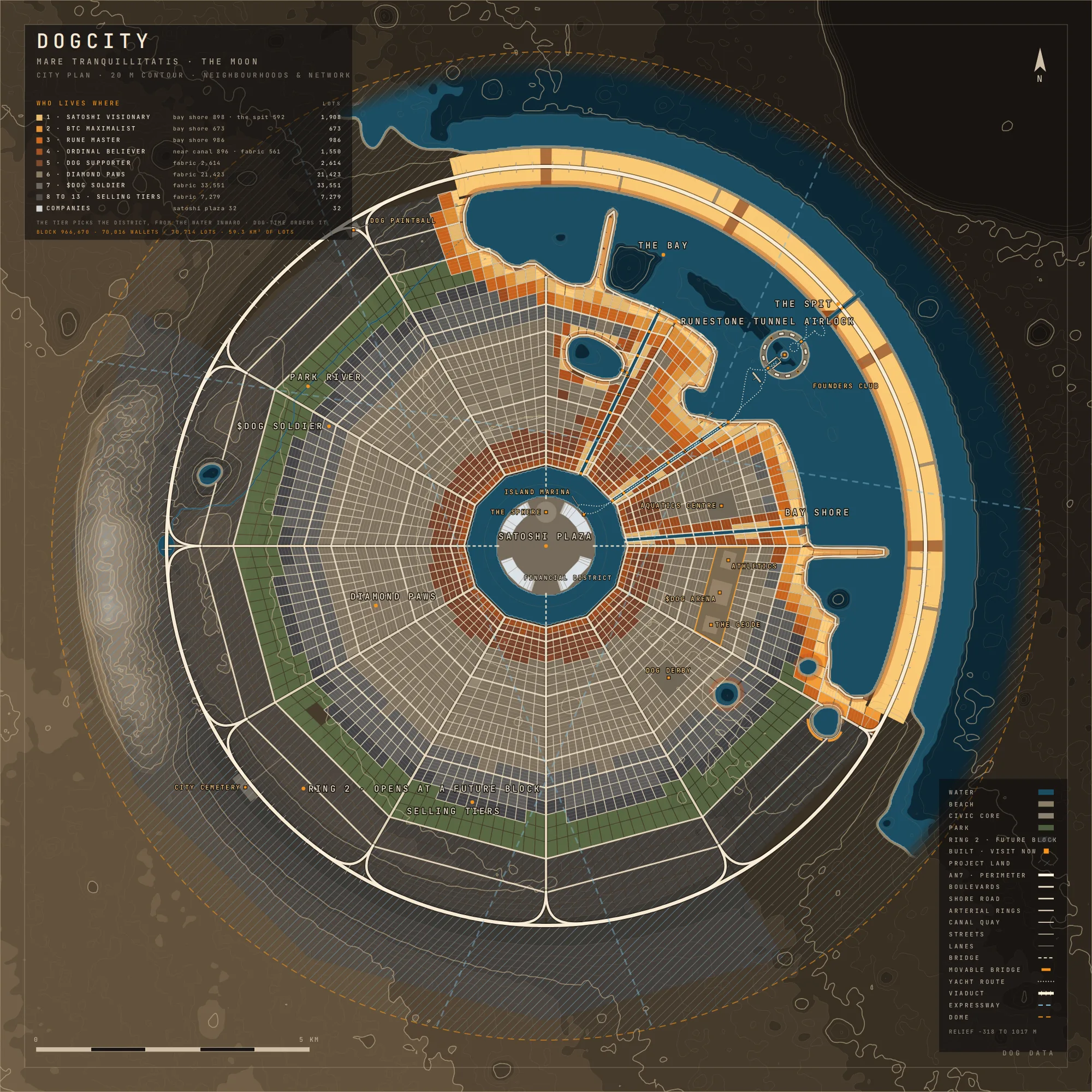 City plan of DogCity at block 966,670: Satoshi Plaza, the road web, the Spit along the bay, the Bay Shore and its two peninsulas, the great lake with its front row, the park that closes Ring 1 and Ring 2 drawn beyond it, every lot coloured by tier.