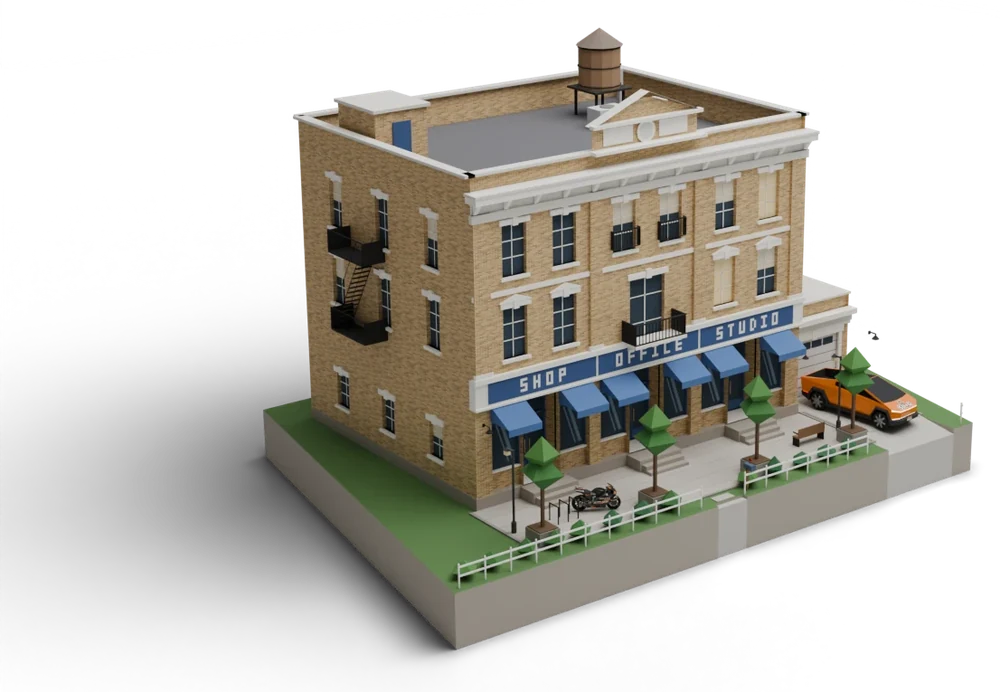 Example of a commercial building from the DogCity district catalogue: a three-storey brick main-street building with shop, office and studio fronts under blue awnings, offices and homes above, a rooftop water tower, and the orange Cyber $DOG and the $DOG moto parked in front
