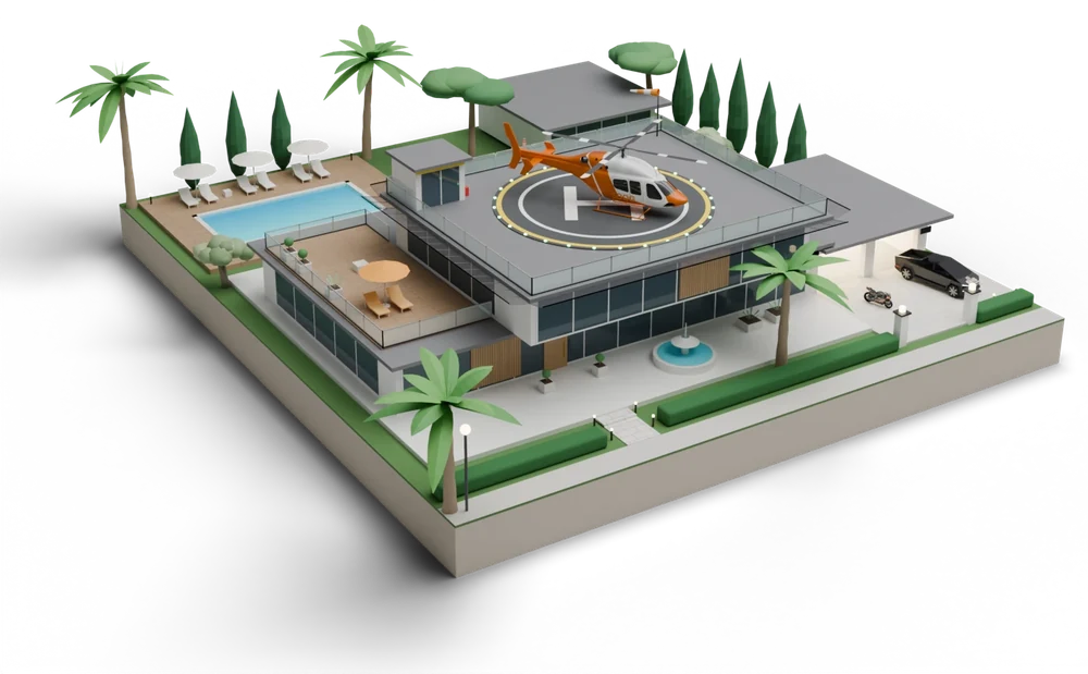 A custom mansion designed for the owner of a Patron licence: a modern estate with a rooftop helipad and the DOG helicopter on it, glass walls, a pool deck with palms, and the black Cyber $DOG and the $DOG moto at the garage