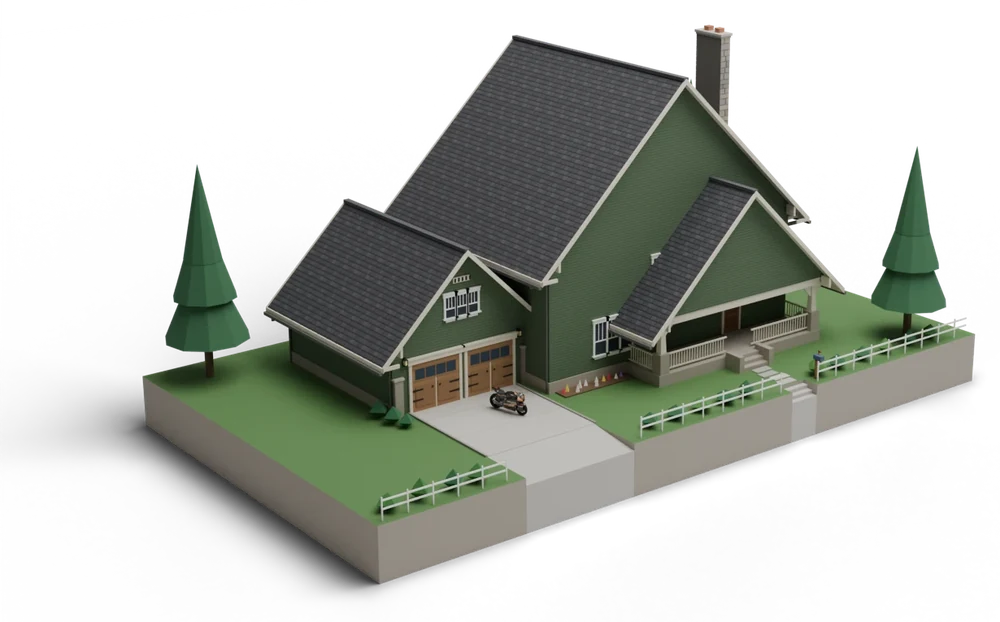 Example of a residence from the DogCity district catalogue: a large green craftsman house with an attached two-car garage, a front porch and a fenced garden, with the $DOG moto parked on the driveway