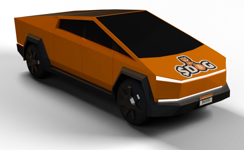 The orange Cyber $DOG pickup with the $DOG sticker on the hood