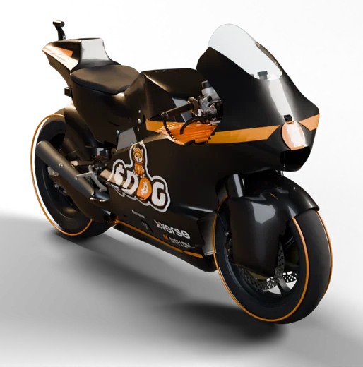 The black $DOG motorbike with orange rims and the $DOG sticker on the fairing