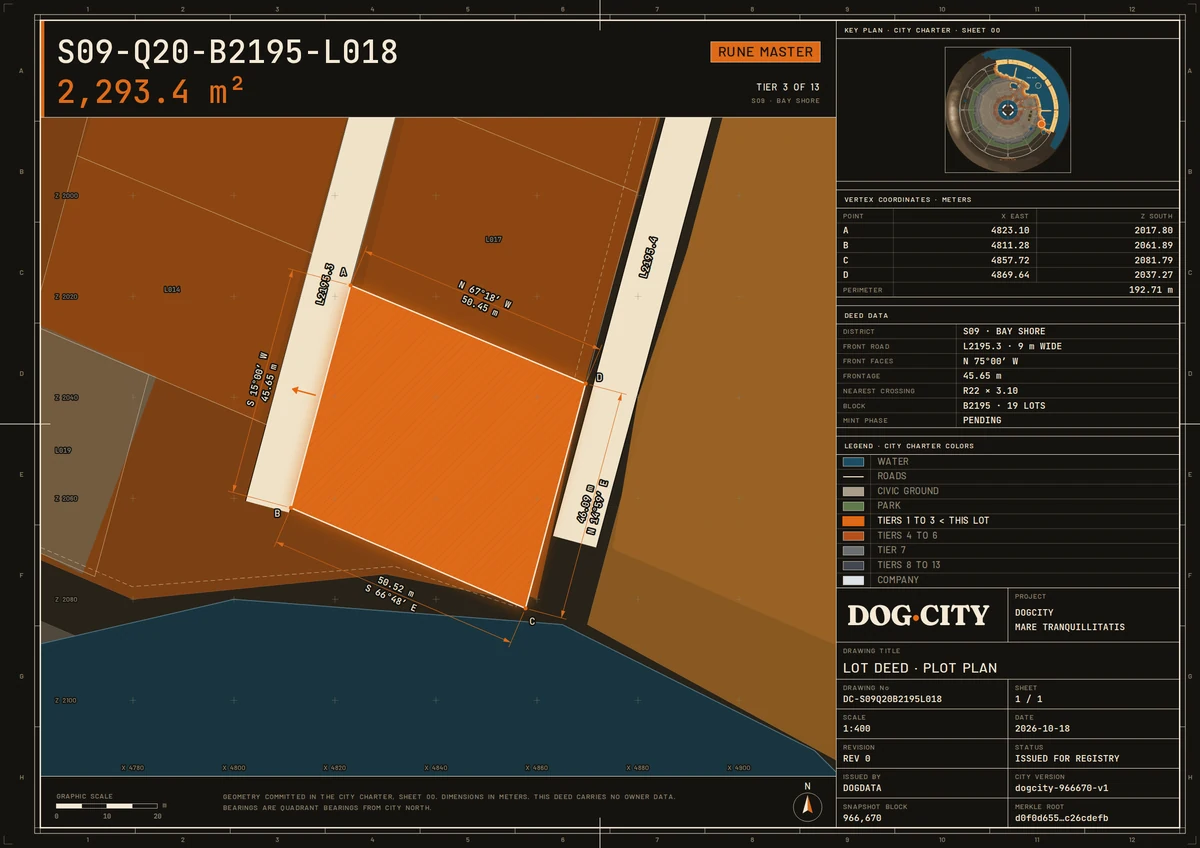 Lot deed S09-Q20-B2195-L018: TIER 3 OF 13 · RUNE MASTER, 2,293.4 m², S09 · BAY SHORE