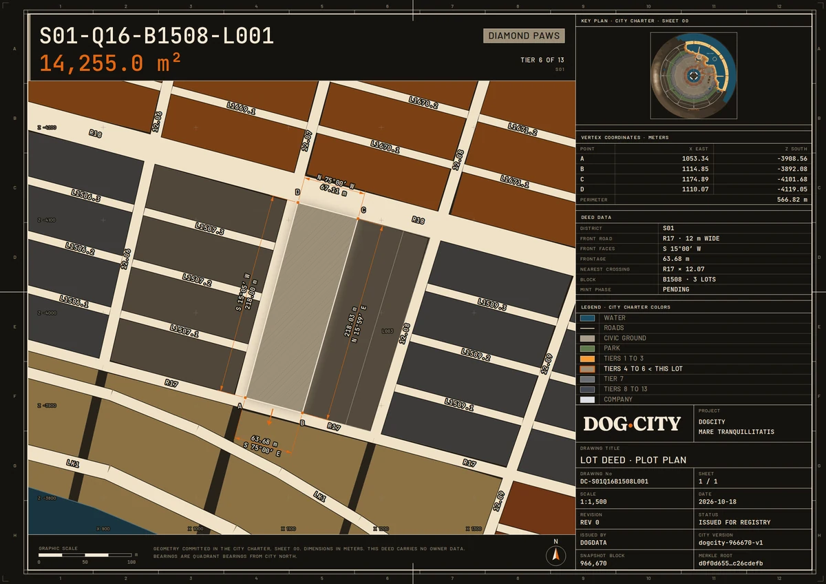 Lot deed S01-Q16-B1508-L001: TIER 6 OF 13 · DIAMOND PAWS, 14,255.0 m², S01
